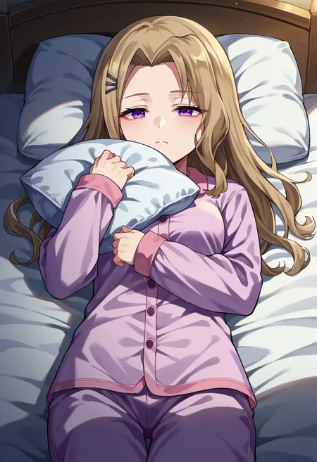 score_9, score_8_up, source_anime, 1girl, solo, TakashimaYakumo, light brown hair, purple eyes, long hair, hairclip, on bed, sleepwear, pajamas, night, tired, on back, lying, pillow hug, pillow, <lora:ChamTakashimaYakumoPonyXL:1>