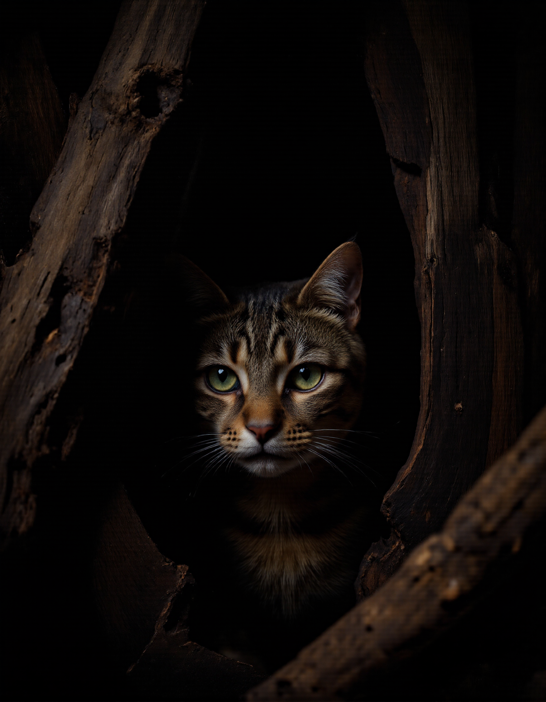 Rembrandt style <lora:funnys:1>, This is a high-resolution photograph of a tabby cat peering out from behind a dark, textured wooden log. The cat, positioned centrally in the frame, has striking green eyes that are wide open, giving it an inquisitive and alert expression. Its fur is a mix of dark brown, black, and grey, with distinct tabby stripes and a fluffy, luxurious texture. The cat's whiskers are long and white, extending outwards from its face., 
The background is dark, with the focus primarily on the cat and the log, which has a rough, bark-like texture and a slightly curved shape that frames the cat's face. The lighting is soft and natural, highlighting the cat's fur and the intricate details of the wood. The overall mood of the photograph is intimate and mysterious, with the cat's curious gaze and the dark, shadowy surroundings creating a sense of intrigue and anticipation. The image captures the cat's natural beauty and the raw, earthy texture of the log, blending seamlessly to create a captivating and detailed scene. . Baroque, chiaroscuro, realistic, emotional, "flat lighting