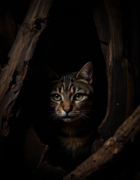 Rembrandt style <lora:funnys:1>, This is a high-resolution photograph of a tabby cat peering out from behind a dark, textured wooden log. The cat, positioned centrally in the frame, has striking green eyes that are wide open, giving it an inquisitive and alert expression. Its fur is a mix of dark brown, black, and grey, with distinct tabby stripes and a fluffy, luxurious texture. The cat's whiskers are long and white, extending outwards from its face., 
The background is dark, with the focus primarily on the cat and the log, which has a rough, bark-like texture and a slightly curved shape that frames the cat's face. The lighting is soft and natural, highlighting the cat's fur and the intricate details of the wood. The overall mood of the photograph is intimate and mysterious, with the cat's curious gaze and the dark, shadowy surroundings creating a sense of intrigue and anticipation. The image captures the cat's natural beauty and the raw, earthy texture of the log, blending seamlessly to create a captivating and detailed scene. . Baroque, chiaroscuro, realistic, emotional, "flat lighting