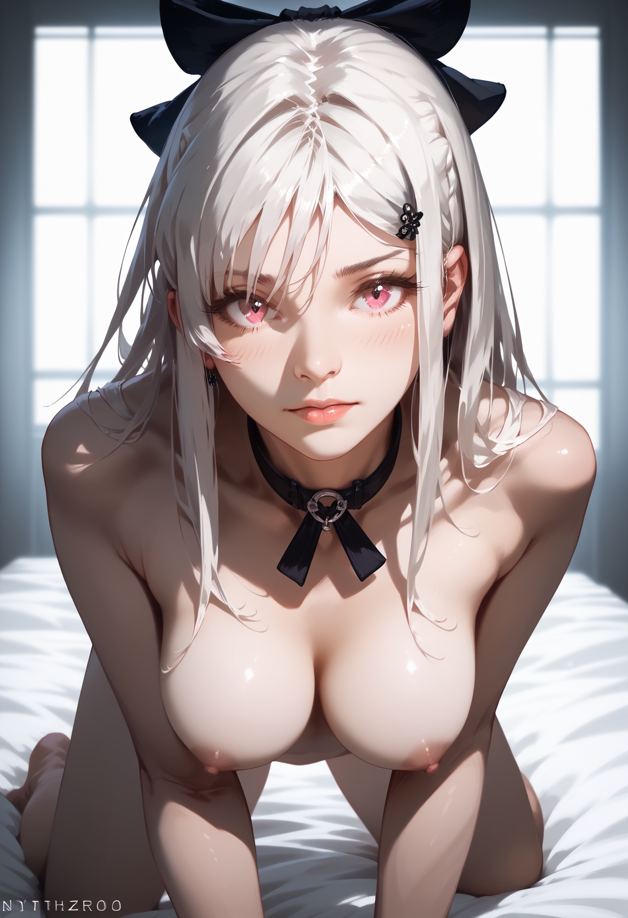 score_9, score_8_up, score_7_up,  1girl, RythZeroPony, photorealistic, on all fours, naked, medium breasts, sexy, bed, pov, looking at viewer, sexy, front view, hair ribbon, hairclip, bow choker, <lora:ZeroDrakengardPony-103:1>,