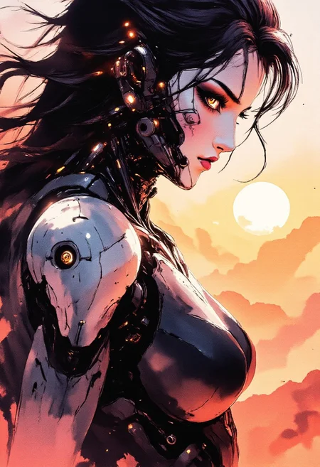 ArsMJStyle, Expressive Watercolor Ink Wash, in the style of ck-ncr, in the style of ck-mgs, closeup side portrait of Female battle android with white faceplate, expressive pink lips, dark eyeshadow, glowing orange eyes, long flowing hair, glowing lights and circuitry, robot joints and cables, sunset, silhouetted, chiascuro, on alien dusty planet