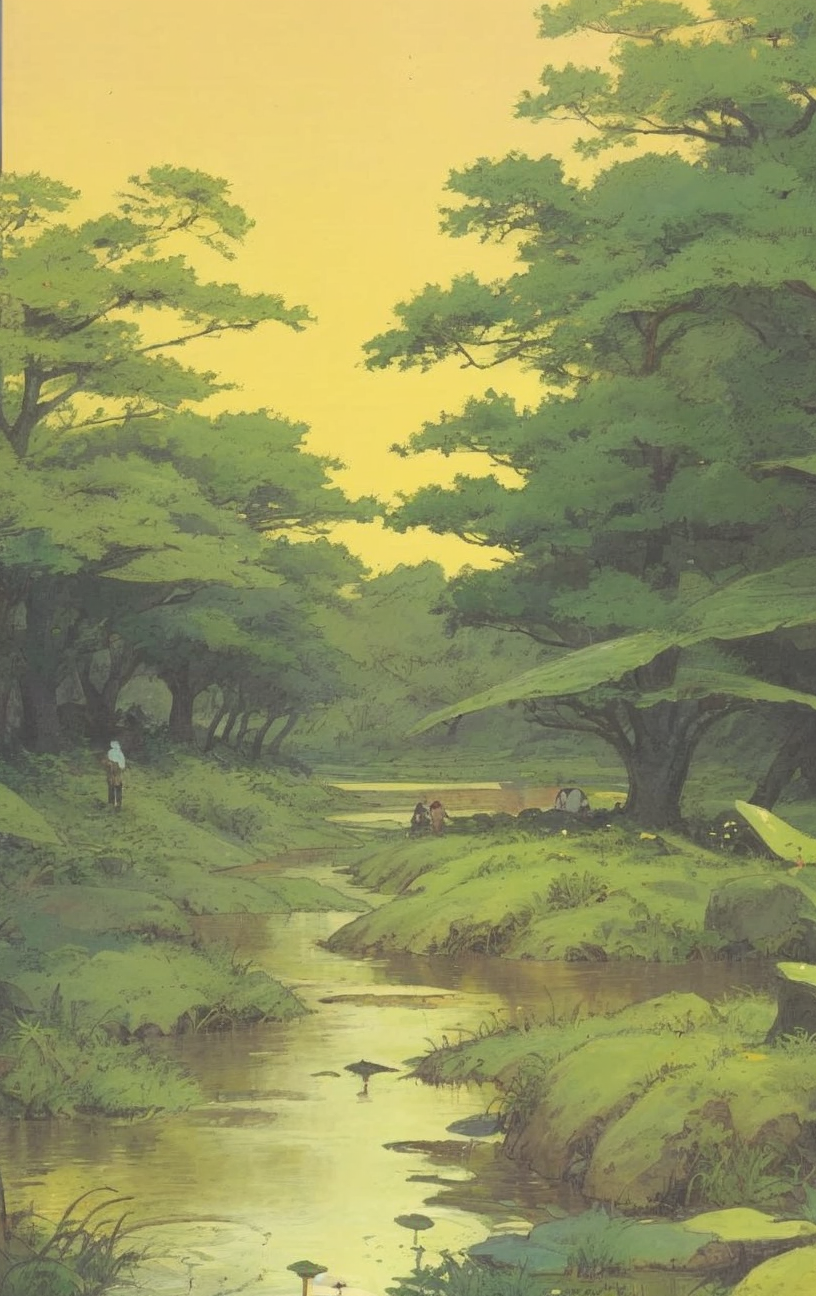 artwork <lora:Moebius:1>, outdoor at noon, a lot people do a listen, wetland, verdant valley