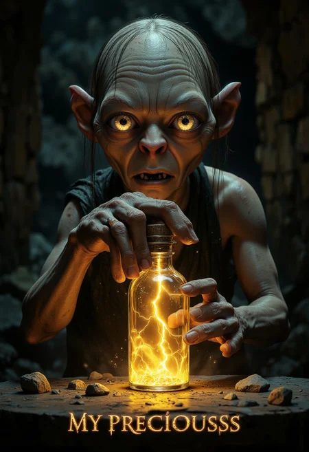 hyp3rd3tail style, aidmaMJ6.1, Create a dramatic and mystical image featuring Smeagol from The Lord of the Rings. Place him in the center, his frail figure hunched over as he clutches a small golden vial filled with glowing yellow lightning-like liquid. His wide, obsessive eyes reflect the glow of the vial, highlighting his intense fixation. The scene should have a dark, eerie atmosphere with faint shadows and an otherworldly light radiating from the vial, illuminating his gaunt face and bony hands. At the bottom of the image, include the text: "MY PRECIOUSSSS" in a jagged, ominous font that complements the haunting tone of the piece.