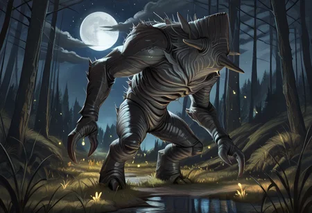 masterpiece,best quality,amazing quality,very aesthetic,absurdres,newest, huge filesize, absurd res, 
pascaH, no face, monster, grey skin, iron wrinkly body, horns, full body, side view, claws, forest, nighttime, stars, moon, trees, clouds, grass, fireflies, beautiful, glowing, scenery,