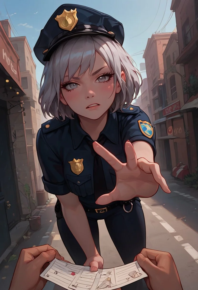 masterpiece, best quality, wallpaper, highly detailed, score_9, score_8_up, score_7_up, score_6_up, source_anime, (vivid colours), g0thicPXL,
BREAK.
1girl, blush, big ass,short silver hair, (messy silver hair), bangs,pale skin, medium breast, sexy face, glowing light,young, perfect body, fair skin, ((dark circles under eyes)), ((messy silver hair)),little happy, grey eyes,open eyes,(tired face), police outfit, police hat,police costume,angry pose, dynamic from, dynamic view,sexy pose,holding a note,dynamic pose,from behind, ass focus, (dutch angle),pov,bent over to issue a ticket to a car
BREAK
city background, graffiti,(street), ((police patrol in background)),outdoor, medium angle, fisheye cam