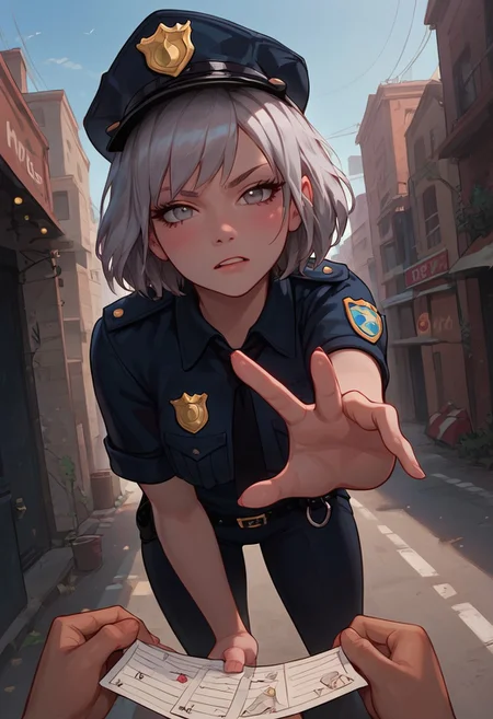 masterpiece, best quality, wallpaper, highly detailed, score_9, score_8_up, score_7_up, score_6_up, source_anime, (vivid colours), g0thicPXL,
BREAK.
1girl, blush, big ass,short silver hair, (messy silver hair), bangs,pale skin, medium breast, sexy face, glowing light,young, perfect body, fair skin, ((dark circles under eyes)), ((messy silver hair)),little happy, grey eyes,open eyes,(tired face), police outfit, police hat,police costume,angry pose, dynamic from, dynamic view,sexy pose,holding a note,dynamic pose,from behind, ass focus, (dutch angle),pov,bent over to issue a ticket to a car
BREAK
city background, graffiti,(street), ((police patrol in background)),outdoor, medium angle, fisheye cam