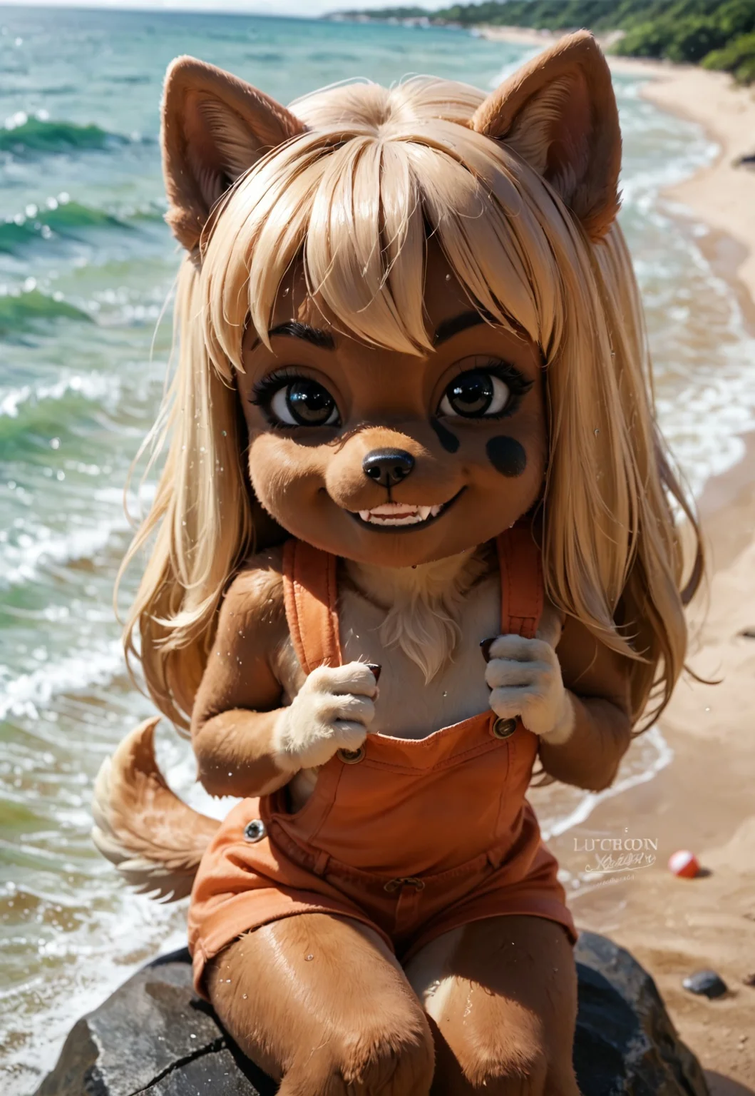 safe_pos, score_9, score_8_up, score_7_up, score_6_up, high res, detailed background, detailed face, detailed mouth, high detail, (furry), source_anime, furry, cartoon, lilotte, solo, 1girl, furry female, long hair, dog ears, black eyes, dog tail, orange overalls, blonde hair, dog girl, smile, smug, looking at viewer, teeth, small fangs, small breasts, shortstack, cute, cutest girl in the world, dark skin, white paws, on the beach, wet wool, running along the beach, Playing ball, sitting on a rock