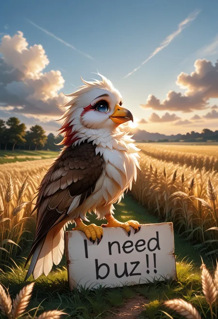 score_9, score_8_up, score_7_up, BREAK, solo,
1girl ((pastel harpy female,multicolored feathers, bird girl, yellow beak, bird's mouth, have a presence with huge breasts and huge feather tail and huge winged arms,wings ,feather winged-arm, long hair,cry,tears,yellow beak, sad, in country, need_buzz, holding sign, face shot)), MegaFluffyPony,feather furry, fluffy,Wheat field background, sunset