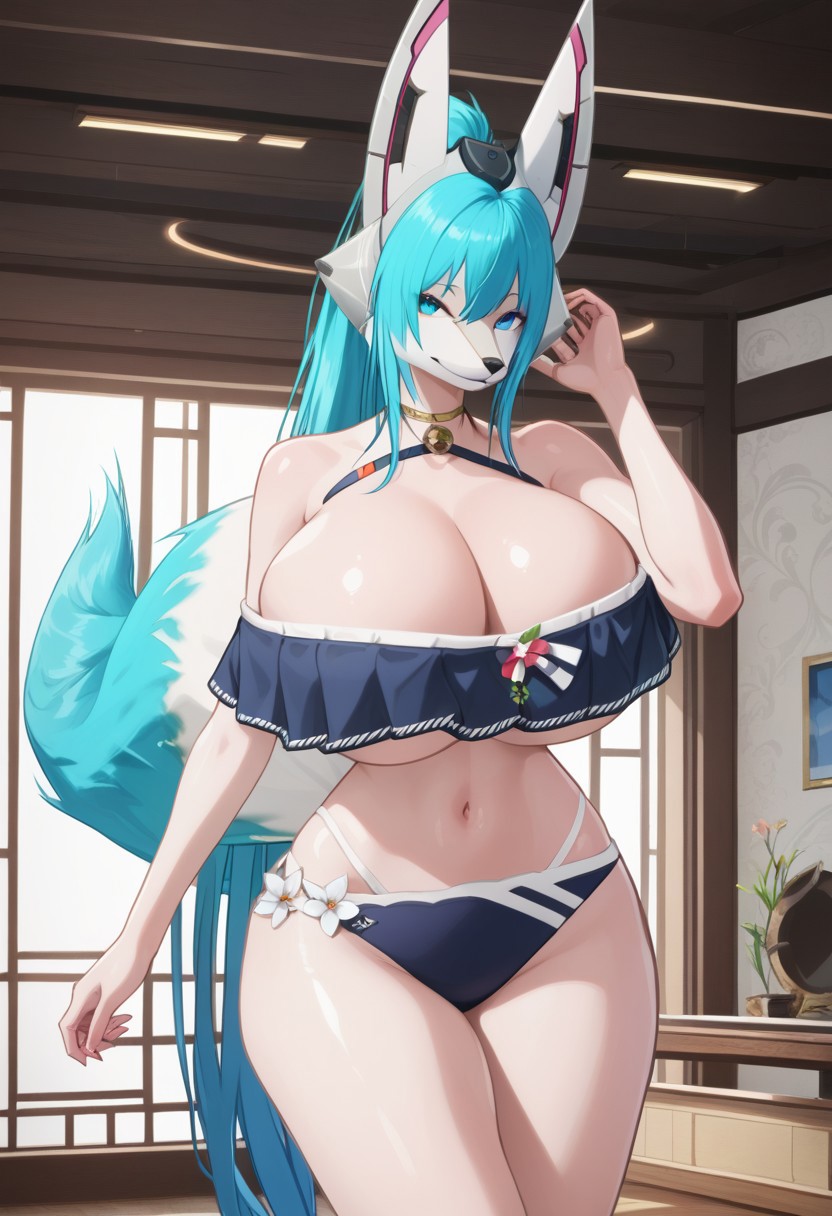 score_10 , score_9_up, score_8_up, score_7_up , score_6_up, vibrant colors, shiny_skin , prefect lighting, detailed image, snoozing , masterpiece , best quality , highly detailed , ultra quality , BREAK ,
 1girl , solo ,, Mistcat , furry female , long ponytail blue hair , fox tail  ,, huge breasts , curvy ,  thicc , cute ,, detailed face , bedroom eyes , smiling , jewelry ,, Bikini Swimwear , 
looking at viewer, detailed background , indoors , cinematic composition , dynamic pose ,