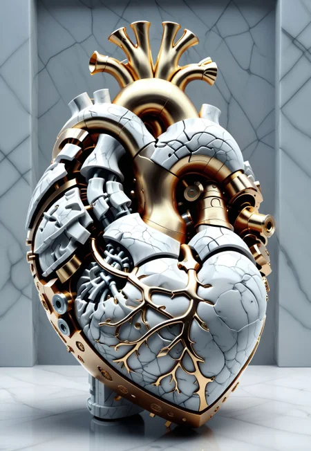 a young woman clutches her mechanical heart in her chest which is rendered in Greys anatomical style with bolts and screws and steampunk valves, it has broken, a small bit of steam escapes from a valve, and the cracks fill with gold and she turns to marble,
statue, sculpture, heart art, bhands