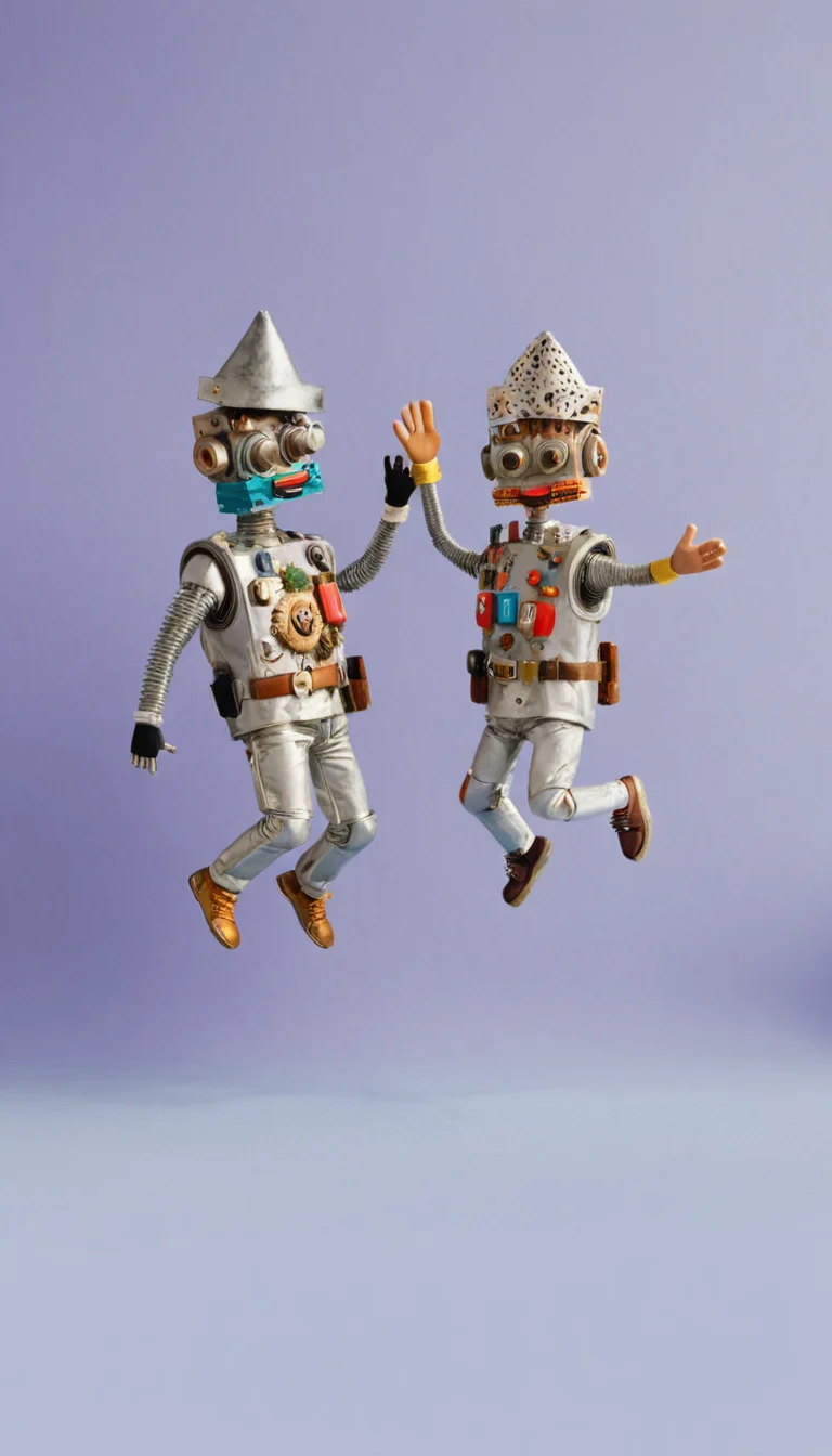 <lora:JunkBots_XL:1.0> Two characters jumping in the air and giving each other a high five, 1990s background