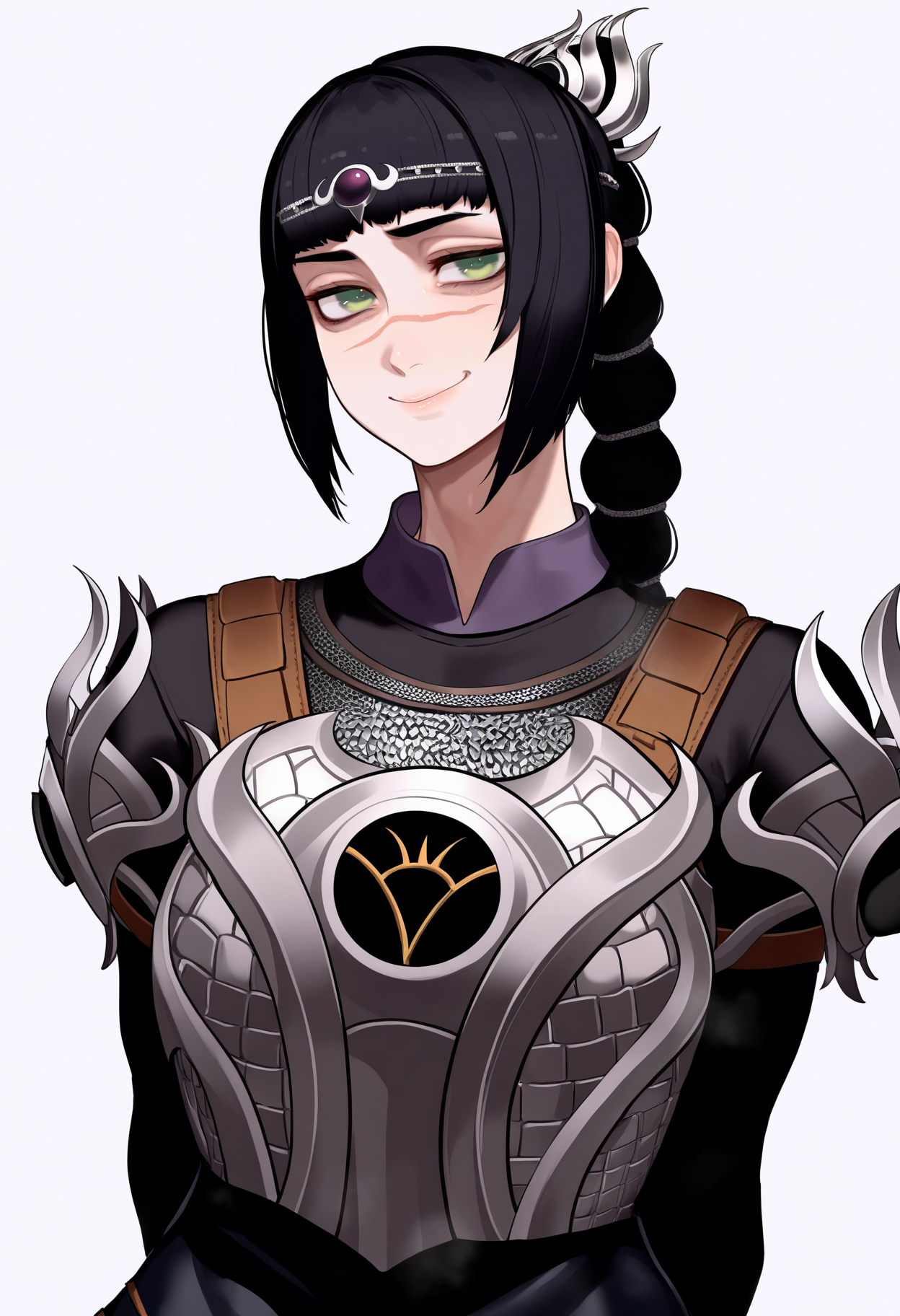 best quality, amazing quality, very aesthetic, absurdres,
1girl, solo, shadowheart, black hair, braided ponytail, green eyes, scar on face, circlet, armor,
smile, looking at viewer, upper body, simple background, white background,  <lora:ShadowHeartIllustrious_byKonan:0.8>  <lora:KikimifukuriNoobLocon_byKonan:1>