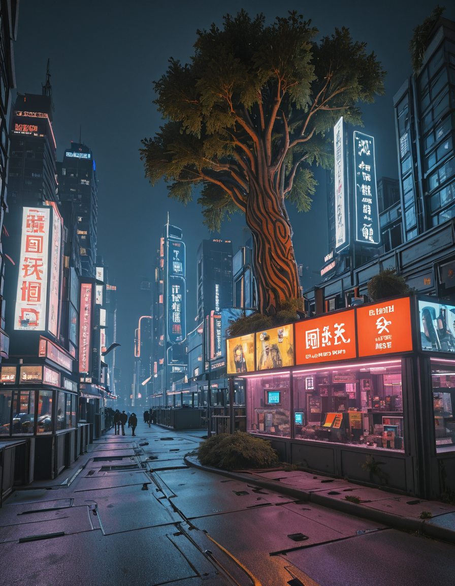 <lora:City_Worlds_01_Effects_illc:1> photo, citybkg, cyberpunk, night, detailed, street,futuristic, ground view, high buildings in the background, billboard on trees, signs, shop, kanji, illuminated, neon street marking, city lights, low wall, construction site behind wall, phot12, huge tree, tree growing inside and over a building,