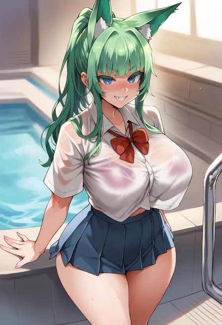 score_9, score_8_up, score_7_up, source_anime, 1girl, solo, pool, school pool, blue eyes, green hair, fox girl, fox ears, school uniform, wet shirt, bare feet, standing, cowboy shot, facing forward, grin, blush,  big breasts, wide hips, thick thighs, blunt bangs, ponytail, messy hair,green ears, green fox ears,  <lora:Asanagi-Style-PonyXL-Final:1>