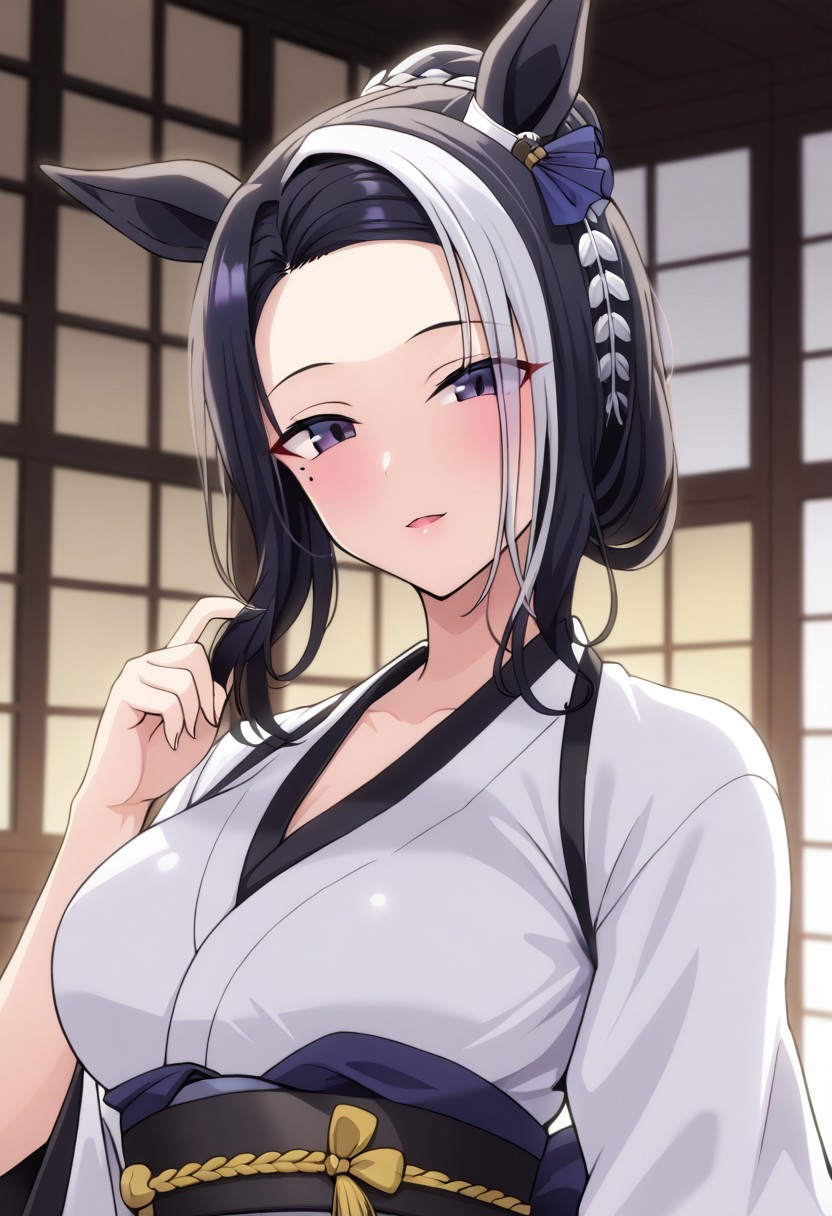 18 years old ,women,solo,1girl,nsfw,
rmnsd, horse girl, multicolored hair, streaked hair, ear ornament, mole under eye saimin.il,
saimin, tsubaki,  white clothes, white kimono, 
clothed girl, kimono,