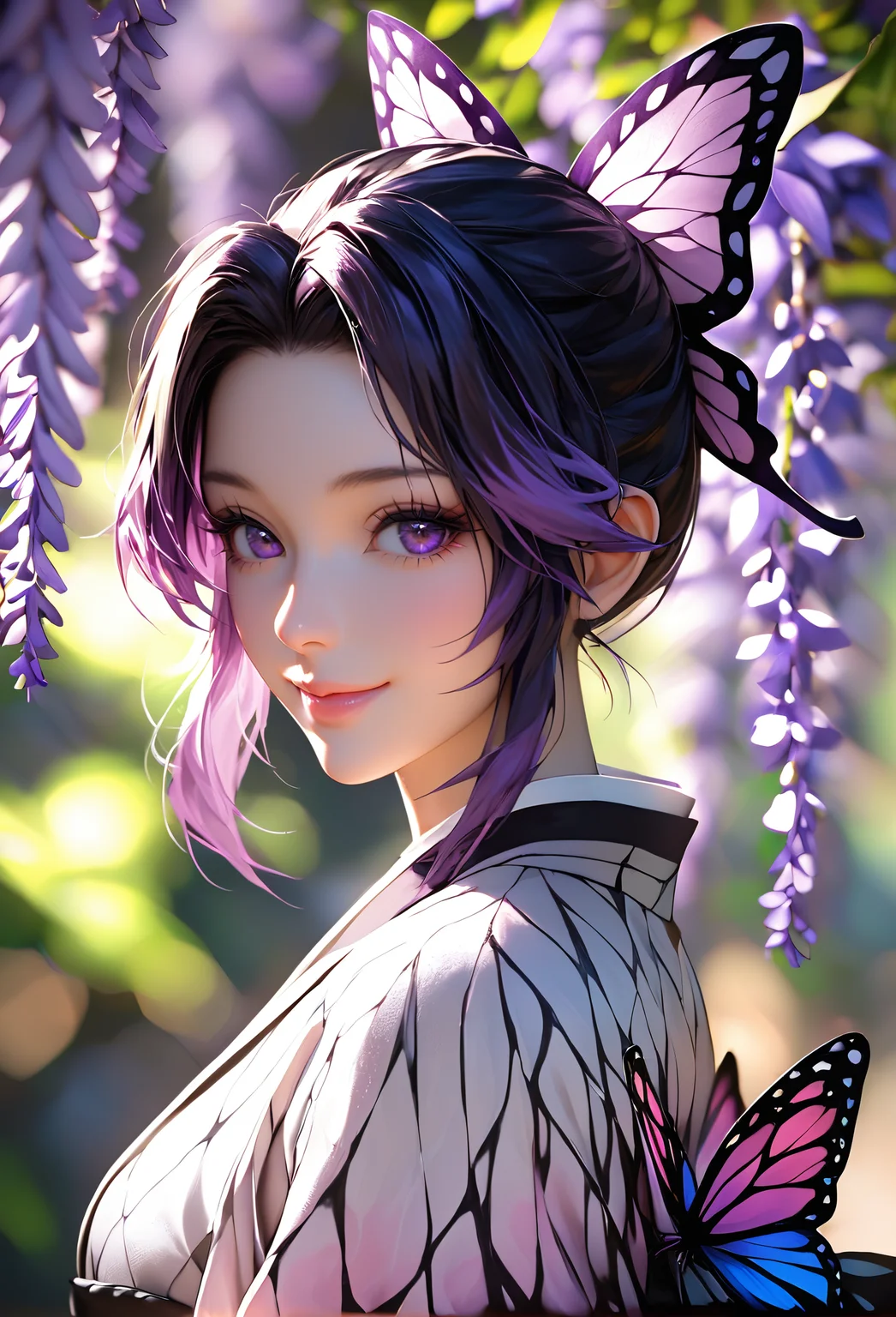 score_9, score_8_up, score_7_up, i want the whole image to be created in 3D anime style, 1girl, solo, looking at viewer, smile, short hair, bangs, black hair, hair ornament, closed mouth, purple eyes, upper body, purple hair, flower, multicolored hair, japanese clothes, kimono, blurry, from side, lips, parted bangs, eyelashes, depth of field, blurry background, bug, animal print, butterfly, butterfly hair ornament, haori, demon slayer uniform, butterfly print, wisteria, kochou shinobu
