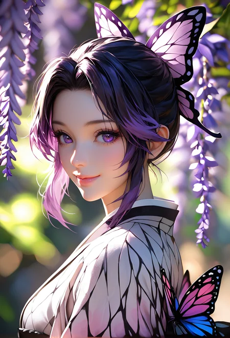 score_9, score_8_up, score_7_up, i want the whole image to be created in 3D anime style, 1girl, solo, looking at viewer, smile, short hair, bangs, black hair, hair ornament, closed mouth, purple eyes, upper body, purple hair, flower, multicolored hair, japanese clothes, kimono, blurry, from side, lips, parted bangs, eyelashes, depth of field, blurry background, bug, animal print, butterfly, butterfly hair ornament, haori, demon slayer uniform, butterfly print, wisteria, kochou shinobu