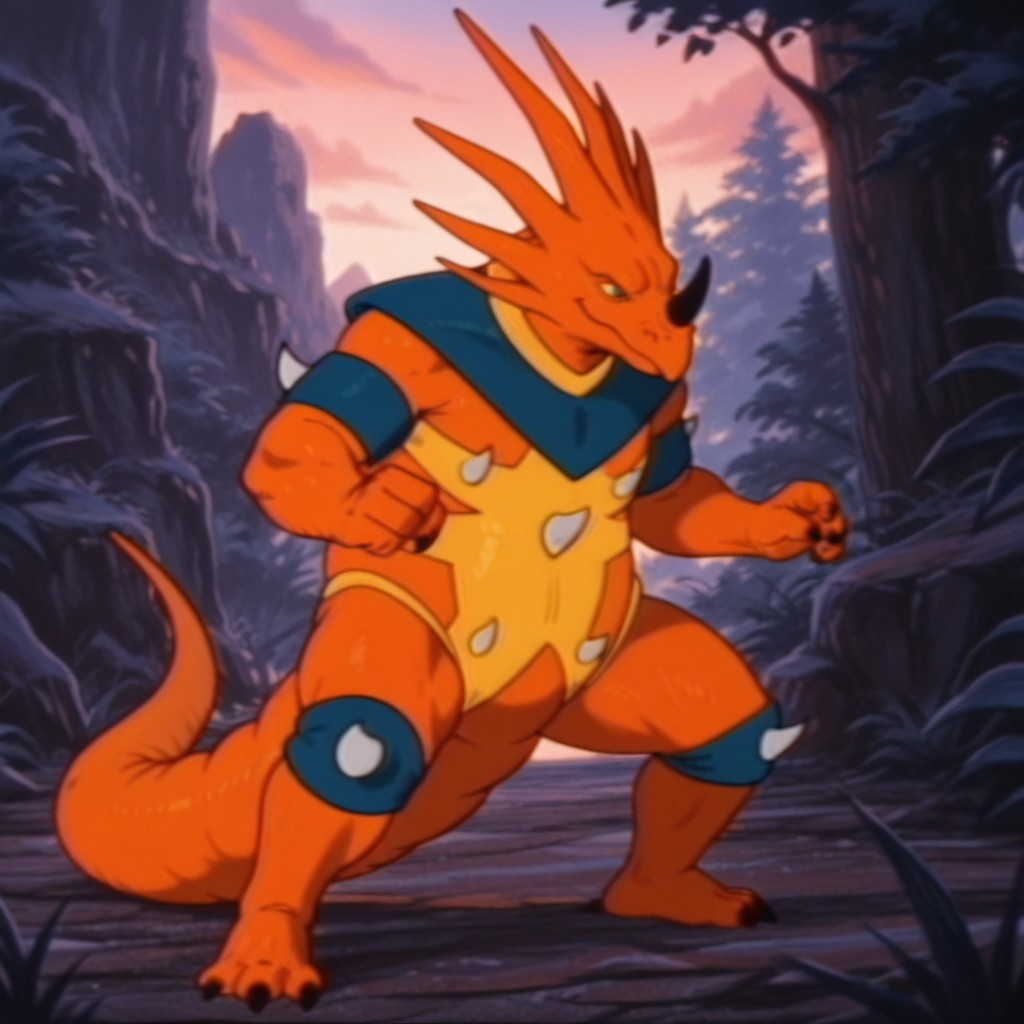 masterpiece, best quality, amazing quality, StyracoDsil, anthro, male, Styracosaurus, orange skin, black nose horn, green eyes, yellow leotard, blue trim, blue armbands, blue kneepads, white spikes,,  solo, 1boy, full body, standing, outside, fighting stance