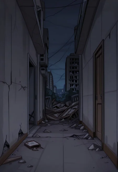 masterpiece, best quality,
<lora:Inusen:1>
1n0s3n, nobody on screen, apartament exterior destroyed background, drawned in inusen style, night, dutch angle of an exterior corridor from a apartment building,