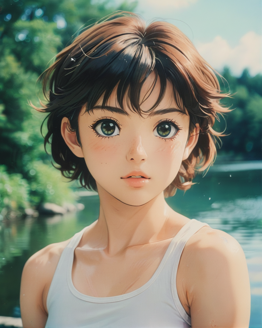 photograph, portrait, close up of a Honorable muscular Emmanuella, lake, Yume Kawaii, Kodak portr400, 80mm, anime style  <lora:Vintage_Anime:0.6>