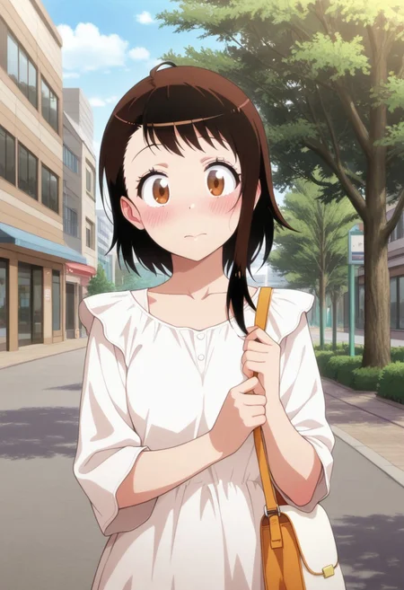 masterpiece,best quality,amazing quality, onodera kosaki, dark brown hair, brown eyes, short hair, 1girl, solo, outdoors, blush, day, looking at viewer, building, sky, bag, tree, collarbone