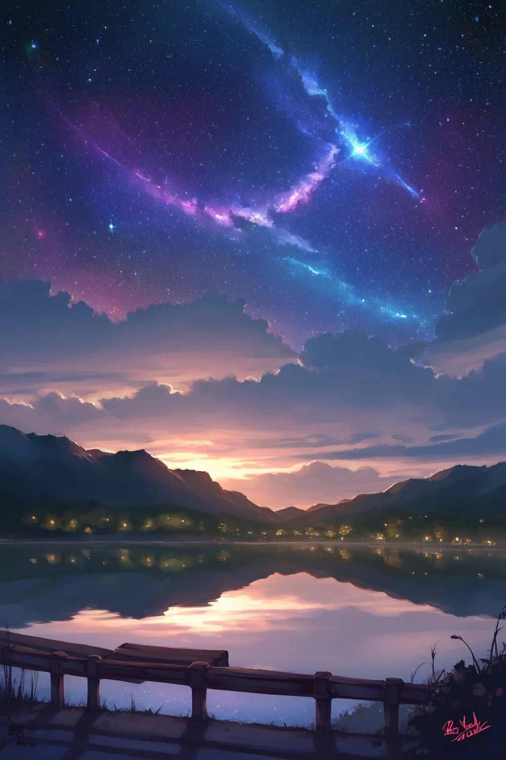 PDXL, source_anime, <lora:AlpcmasV1:1>, alpcm4s, landscape, 
giant lake, night sky, stars, galaxies, 
volumetric reflections, volumetric shadows, HDR, shot on Canon DSLR