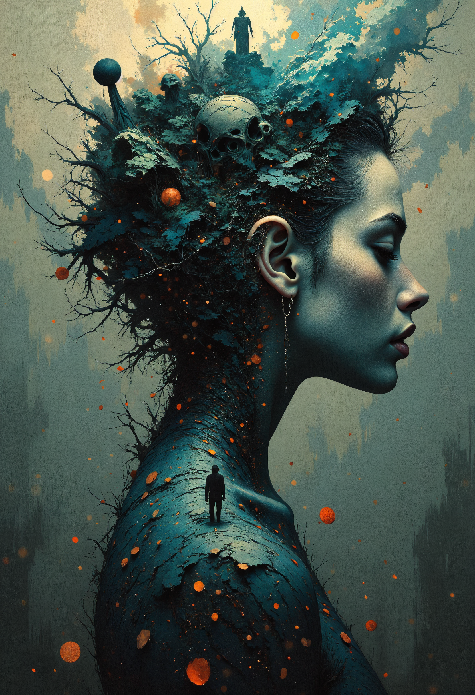 masterpiece, high-quality, A woman with a constellation tattoo that seems to shift and move under her skin, her gaze distant, her shadow stretches behind her forming a landscape filled with faint ghostly creatures, captured in a medium shot from a slightly high angle as if observing her in a quiet private moment, Style is Surreal atmospheric realism with high-detail shadow work, muted colors, mysterious and introspective, (elaborate fine details:1.1), (hyperdetailed:1.1), (intricate details:1.0), (Refined details:1.1), (best quality:1.1), (high resolution:1.2), <lora:FLUX\EmberveilV3:1.0>