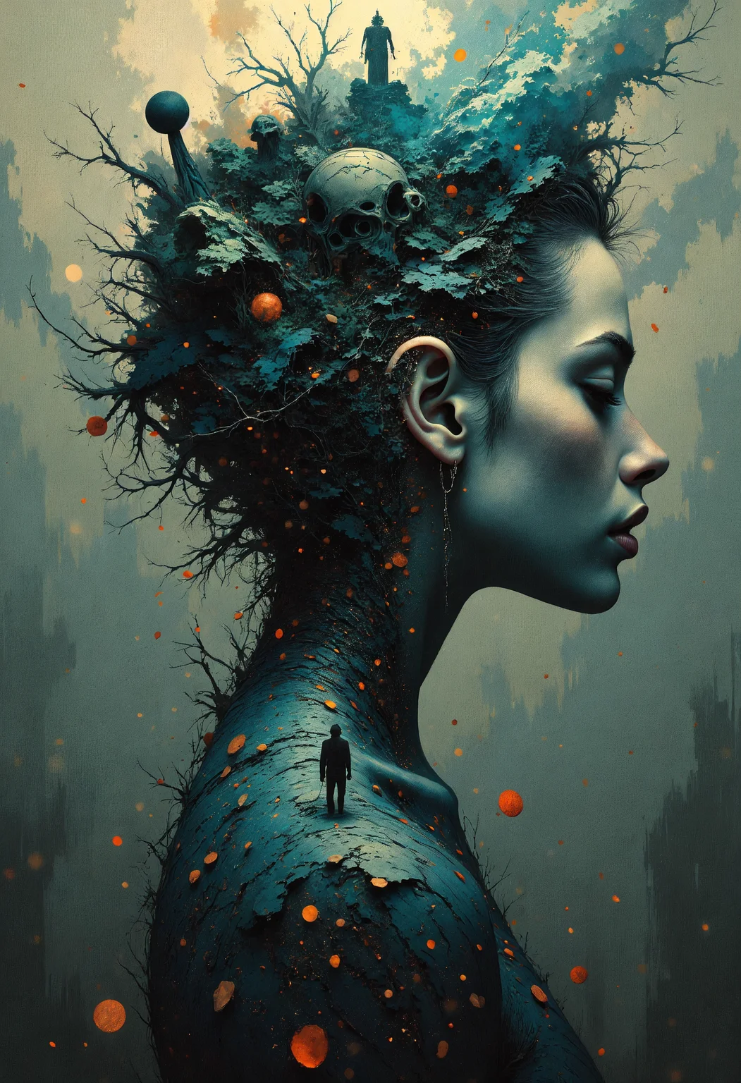 masterpiece, high-quality, A woman with a constellation tattoo that seems to shift and move under her skin, her gaze distant, her shadow stretches behind her forming a landscape filled with faint ghostly creatures, captured in a medium shot from a slightly high angle as if observing her in a quiet private moment, Style is Surreal atmospheric realism with high-detail shadow work, muted colors, mysterious and introspective, (elaborate fine details:1.1), (hyperdetailed:1.1), (intricate details:1.0), (Refined details:1.1), (best quality:1.1), (high resolution:1.2), <lora:FLUX\EmberveilV3:1.0>