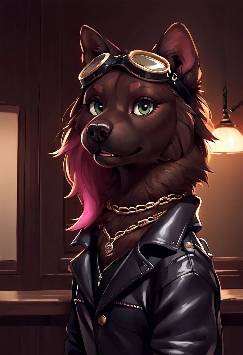 score_9, score_8_up, score_7_up, ((((source_furry)))), rating_questionable, realistic, BREAK 1girl, ((feral)), cutie, realistic fur, detailed fur, brown fur, female dog, pink highlights, nightclub, green eyes, wearing leather vest, goggles on head, wearing black leather sleeves, standing, gold chain necklace,