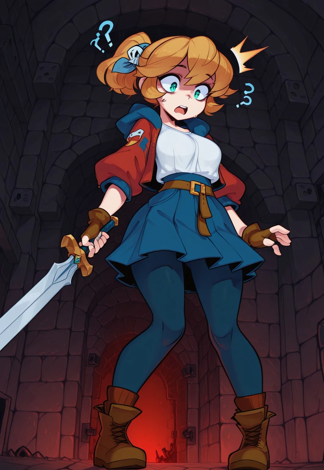 masterpiece, best quality, 1girl, solo, Kabrap, c4dence, red jacket, blue skirt, pantyhose, white shirt, fingerless gloves, brown boots, indoors, dungeon, holding sword, looking down, open mouth, surprised, confused