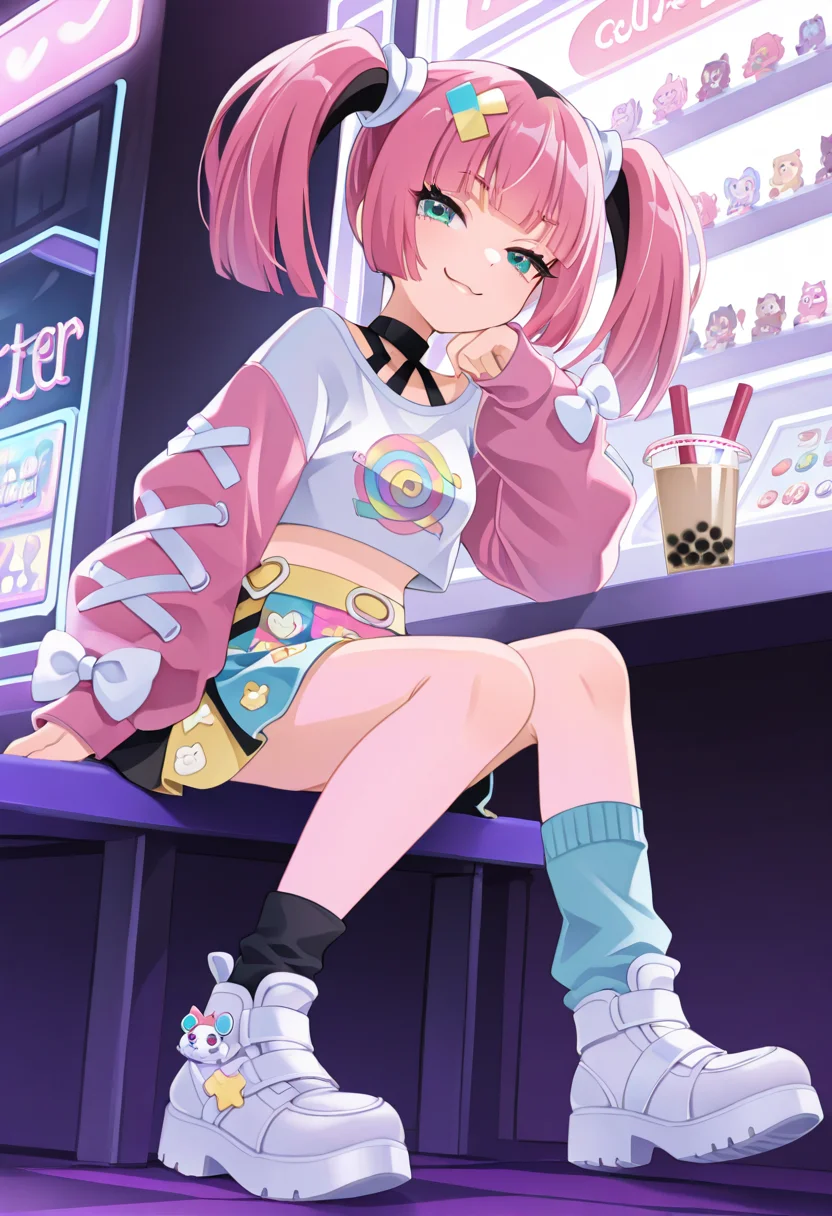 masterpiece, best quality, 1girl, solo, eyelashes, (beautiful eyes), smile, smug, <lora:SangoPokemon_NAI:0.8>,  zzSango, pink hair, twintails, blunt bangs, hair ornament, C0utur3Cr4z3, 1girl, solo, multicolor skirt, graphic t-shirt, mismatched socks, chunky shoes, pastel jacket, kawaii accessories, oversized bow, candy-colored jewelry, street fashion, tokyo style â Sango struts down the vibrant streets of Harajuku, her skirt a swirl of pastel chaos. Her jacket is covered in patches, pins, and plush charms, while each of her mismatched socks tells a different story. Her twintails bounce as she poses mid-step, caught in a moment of colorful freedom among bubble tea stands and blinking arcade lights.     <lora:CoutureCraze_IXL:1.0>,
