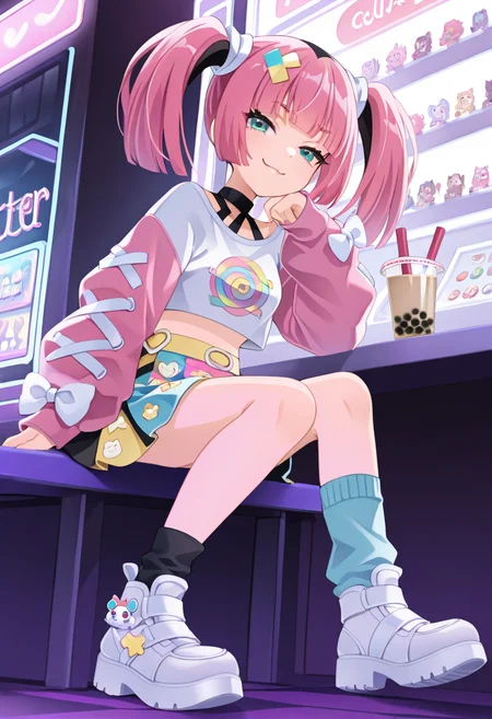 masterpiece, best quality, 1girl, solo, eyelashes, (beautiful eyes), smile, smug, <lora:SangoPokemon_NAI:0.8>, zzSango, pink hair, twintails, blunt bangs, hair ornament, C0utur3Cr4z3, 1girl, solo, multicolor skirt, graphic t-shirt, mismatched socks, chunky shoes, pastel jacket, kawaii accessories, oversized bow, candy-colored jewelry, street fashion, tokyo style â Sango struts down the vibrant streets of Harajuku, her skirt a swirl of pastel chaos. Her jacket is covered in patches, pins, and plush charms, while each of her mismatched socks tells a different story. Her twintails bounce as she poses mid-step, caught in a moment of colorful freedom among bubble tea stands and blinking arcade lights. <lora:CoutureCraze_IXL:1.0>,