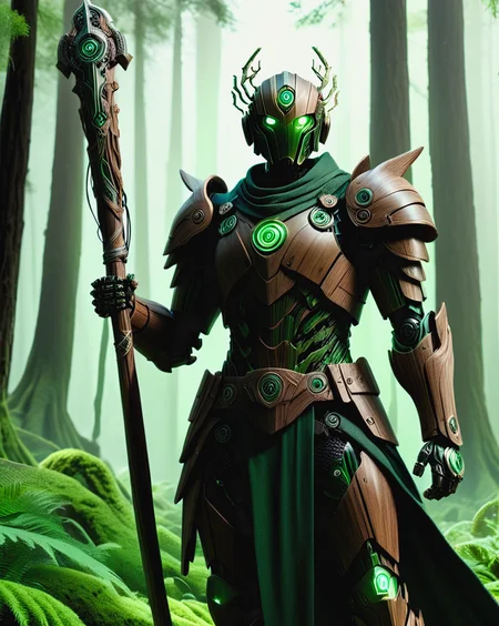 cinematic still photography, full body view, a wandering wooden android warrior that is a combination of wood and micro electronics, glowing green eyes, (his armor has electronic green glowing veins:1.3), he holds an ancient scimitar at the ready, one ancient scimitar is strapped to his back, set in a mystical bioluminescent forrest surrounds him, ultra wide shot, deep depth of field, 8k, uhd, intricate details, <lora:sd_xl_dpo_lora_v1:1.0>, <lora:NaturePunk_SDXL:0.7>, Naturepunk,