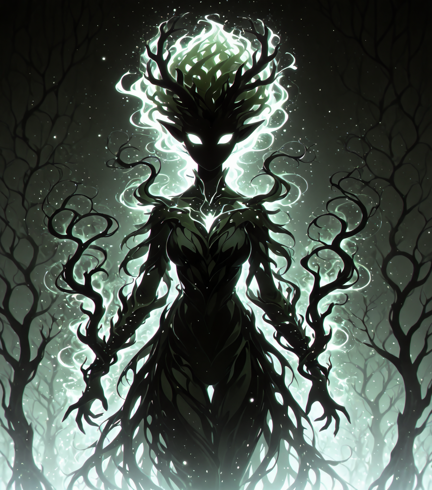 <lora:Shadows_v3_Buns:0.75> sh4d0wv3, black silhouette, solo,  dryad, masterpiece, best quality, amazing quality