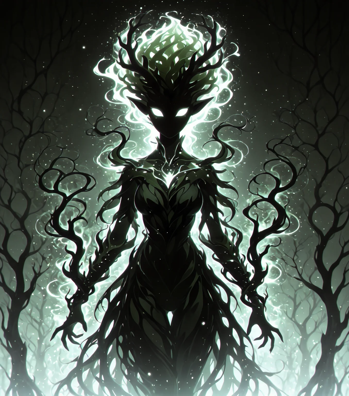 <lora:Shadows_v3_Buns:0.75> sh4d0wv3, black silhouette, solo, dryad, masterpiece, best quality, amazing quality