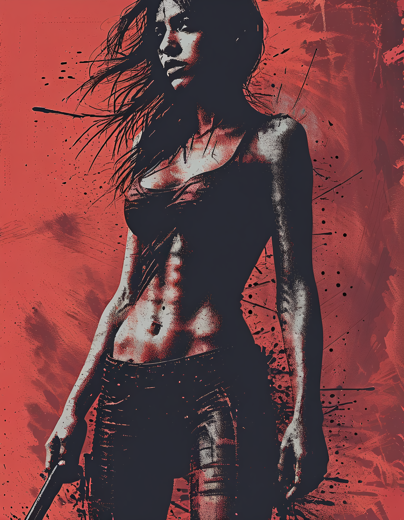 impactful paint of tomb raider in sexy attire, highly detailed, professional painterly, high contrast, oversaturated, deep blacks, color splashing, 4k, uhd, masterpiece