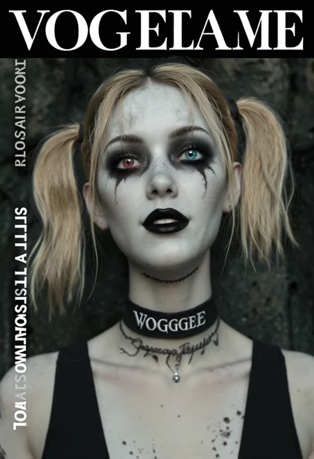 zombie paladin, vogue cover, editorial photography, blonde, twintails, grey skin, pale, heterochromia, makeup, choker, (smile:0.65) <lora:character\p_JeanetteVoerman>