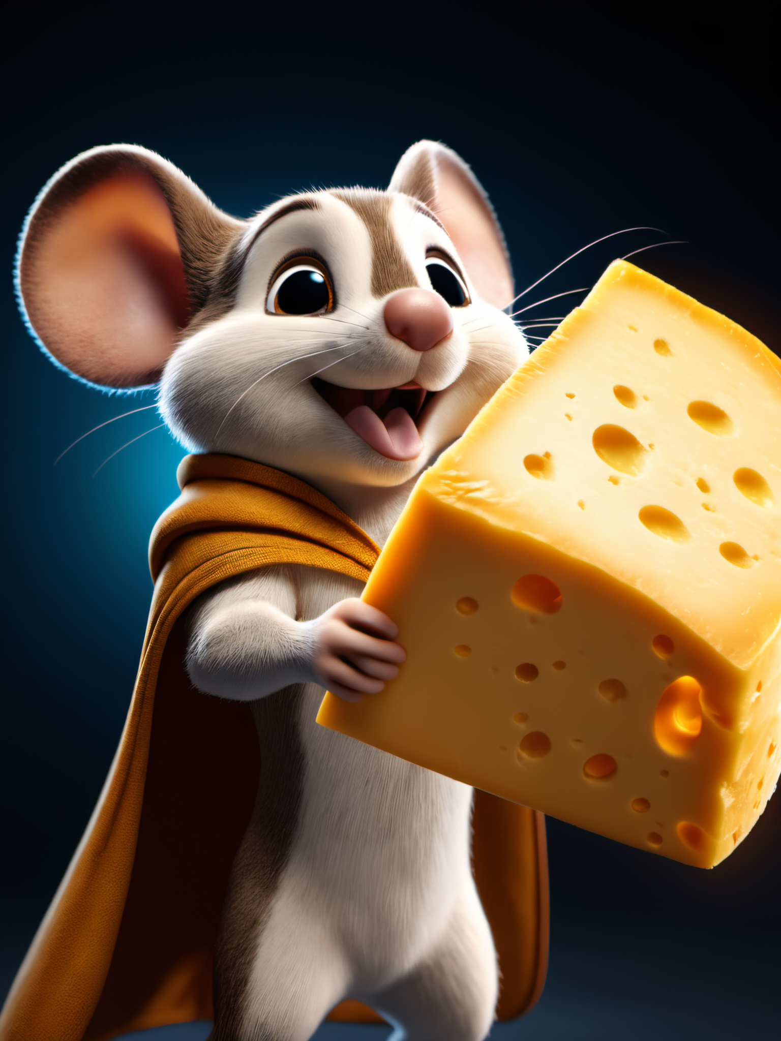 cinematic film still Mighty Mouse,cinematic reenactment,holding a large wedge of cheddar cheese above his head,flexing,smiling,glow effects,godrays,Hand drawn,render,8k,octane render,cinema 4d,blender,dark,atmospheric 4k ultra detailed,cinematic,Sharp focus,big depth of field,Masterpiece,colors,3d octane render,4k,concept art,trending on artstation,hyperrealistic,Vivid colors,extremely detailed CG unity 8k wallpaper,trending on CGSociety,Intricate,High Detail,dramatic,, Ultra-HD-details . shallow depth of field, vignette, highly detailed, high budget, bokeh, cinemascope, moody, epic, gorgeous, film grain, grainy