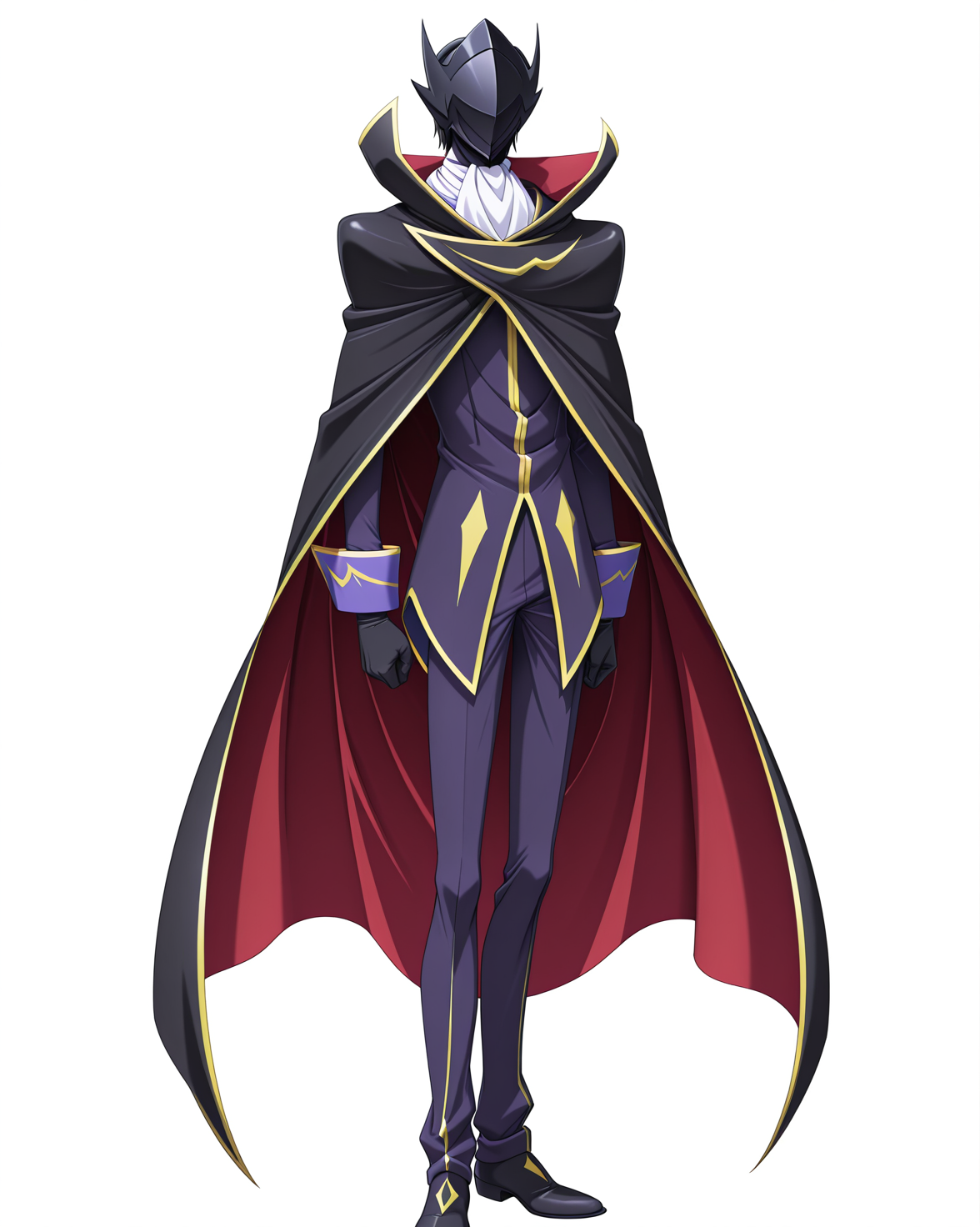 anime coloring,anime screencap,
highres,best quality,masterpiece,
shiny skin,
BREAK
<lora:transparent-background-illustriousxl-lora-nochekaiser:1>,transparent background,simple background,white background,
BREAK
<lora:Lelouch_vi_Britannia_Zero_Code_Geass:1>,
LeluBritish,LelZero,
solo,1boy,male focus,
long sleeves,black gloves,pants,gloves,cape,ascot,mask,formal,helmet,suit,red cape,black cape,covered face,jacket,white ascot,purple pants,
standing,full body,