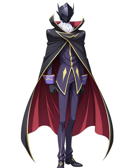 anime coloring,anime screencap,
highres,best quality,masterpiece,
shiny skin,
BREAK
<lora:transparent-background-illustriousxl-lora-nochekaiser:1>,transparent background,simple background,white background,
BREAK
<lora:Lelouch_vi_Britannia_Zero_Code_Geass:1>,
LeluBritish,LelZero,
solo,1boy,male focus,
long sleeves,black gloves,pants,gloves,cape,ascot,mask,formal,helmet,suit,red cape,black cape,covered face,jacket,white ascot,purple pants,
standing,full body,