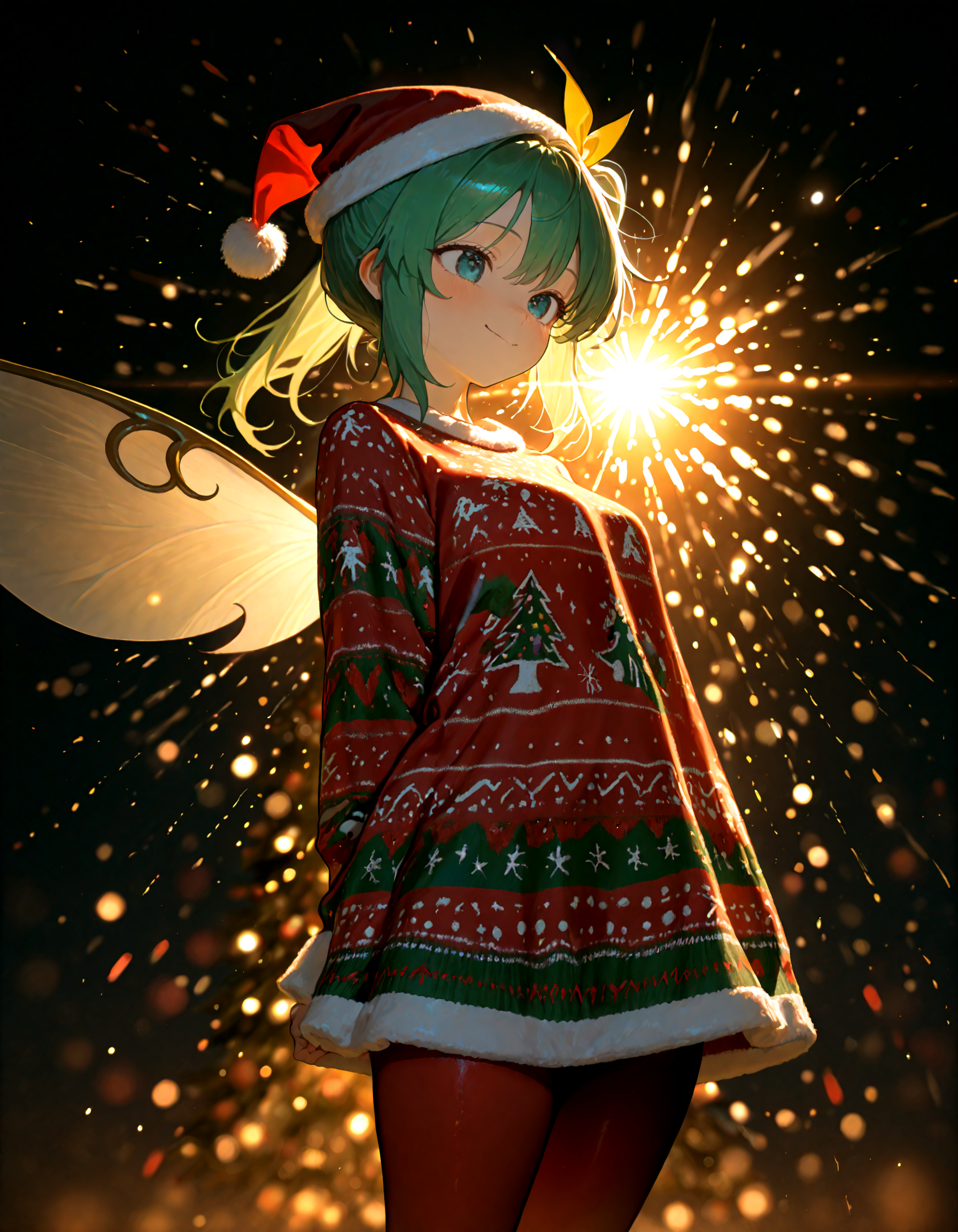 Christmas, dress, red pantyhose ,santa_hat ,Christmas sweater,
1girl, solo, daiyousei,happy, soft lighting,
masterpiece, best quality, amazing quality, very aesthetic, absurdres,  newest, (volumetric lighting),
<lora:world_christmassweater:0.5>,<lora:cfg_scale_boost:0.5>, <lora:ponyv5_noobE11_1_adamW:0.5>, <lora:illustrious_noobai_epsilon_pred_1_best_quality_v1:0.5> ,<lora:illustrious_noobai_epsilon_pred_1_masterpieces_v1:0.5> ,<lora:illustrious_noobai_epsilon_pred_11_very_aesthetic_v1:0.5>
