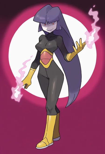 sugimori ken,
best quality, amazing quality, very aesthetic, absurdres,
1girl, solo, sabrina /(pokemon/), red eyes, dark purple hair, red and black bodysuit, boots,
telekinesis powers,
smirk, looking at viewer, simple background, white background <lora:KenSugimoriIllustriousLocon_byKonan:1>