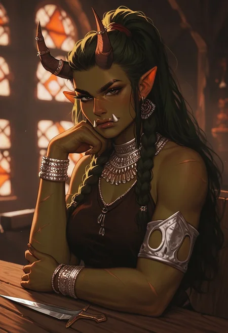 score_9, score_8_up, score_7_up, score_6_up, 
(1girl, solo, lap dancer)
black eyes, broad-shouldered body type, medium breasts, dark green skin, serious expression, long hair, high ponytail, dark green hair streaked with red, woven leather top, jagged metal bracelets, orcish tusks prominent, sitting posture with legs apart, smoky tavern with low lighting, rough wooden furniture, battle scars across arms, dagger held loosely in hand, flames from nearby torches, thick braids over shoulders, drinking horn resting on table, gritty and rugged atmosphere, confident and imposing aura.