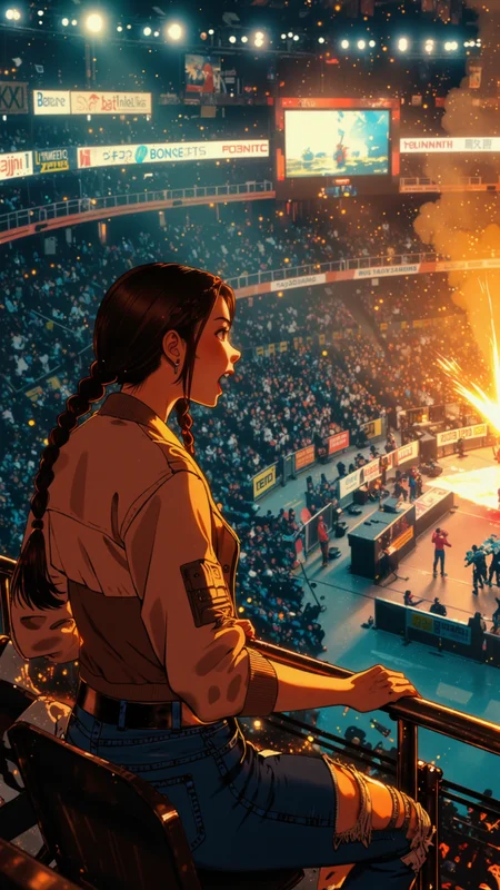 Niji_anime, High-resolution anime-style illustration with bold painterly textures, dramatic lighting, and an electric atmosphere. A young woman sits in the crowded stands of a massive arena, bathed in the golden glow of floodlights illuminating the spectacle below. Her long, dark brown hair is styled into sleek twin braids, a few loose strands framing her excited, wide-eyed expression. She wears a stylish cropped bomber jacket over a fitted tank top, paired with high-waisted ripped jeans and sleek sneakers. Her fingers grip the metal railing in front of her as she leans forward, fully immersed in the intense action happening below. The deafening roar of the crowd, flickering holographic screens, and bright sponsor banners create a chaotic yet thrilling backdrop. Sparks fly from the battlefield, and a wave of cheers erupts as the match reaches its climax. Painterly deep blues, fiery oranges, and neon accents blend together, capturing the adrenaline-fueled energy of the arena. <lora:Anime_Art_V3:0.7000000000000001> <lora:Evangelion_Post-impact_Apocalyptic_Style_Flux.1_D_by_AutoPastel-000019:0.9> <lora:Niji_anime_style_flux:0.6>