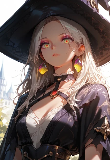 score_9, score_8_up, score_7_up, masterpiece, stylized, masterpiece, absurdres, highres, 1girl, solo, eyes visible through hair, intricate earrings, funny, :P, mage, witch, vibrant, petite, skinny, tall, foreshortening, dutch angle, close-up, ultra-detailed textures, tattered robe