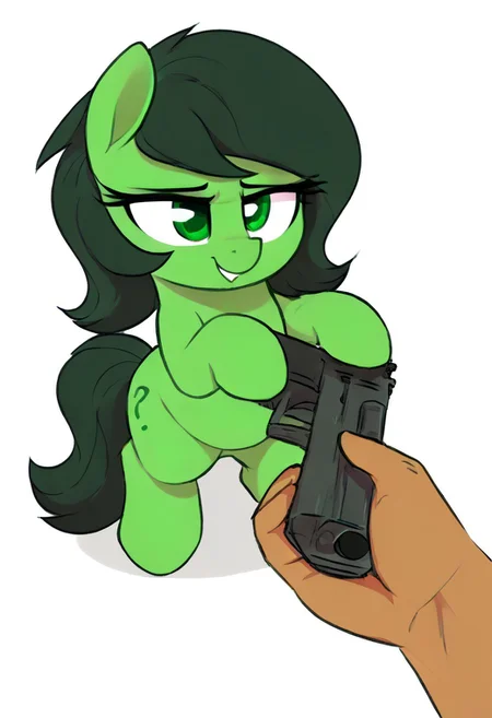 score_9, score_8_up, score_7_up, source_furry, pony, anthropomorphic pony, source_furry, 1girl, pony, feral, anonfilly, green_body, black_hair ,Go do a crime, holding gun, human_hand