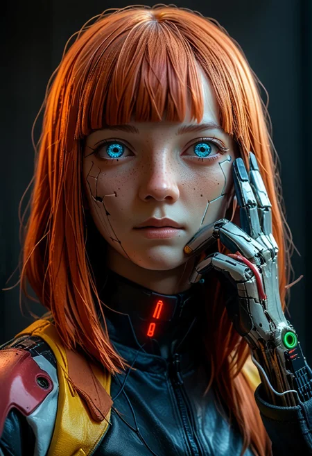 end_tripwire_morph, solo, cyberpunk, looking at viewer, 1girl, vivy_vfe, ginger hair, blunt bangs, blue eyes, freckles, portrait, cable, cyborg, wire, mask, hand up, neon, wires, made of wires, cables, outlined with wires and neon, neon outlines, wire sculpture, neon wire sculpture, , PonyXLV6_Scores, Freebo_alloy