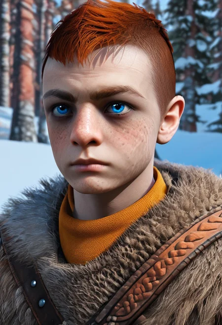 1boy, male focus, solo focus, Atreus, grey fur tunic, ginger hair, pale blue eyes, undercut, brown fur boots, snowy forest, viking,