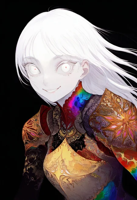 solo, looking at viewer, white eyes, upper body, black background, 1girl, long white hair, extremely pale skin, rainbow armor, smiling, close up, masterpiece, best quality, very aesthetic, absurdres
<lora:monfornoob:0.95>