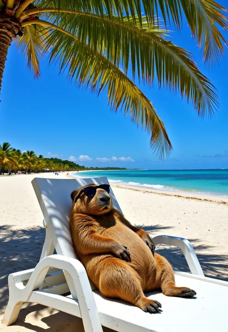 A capybara lounges casually on a beach chair under the shade of a palm tree. The capybara is wearing stylish sunglasses, its posture exuding a laid-back, carefree attitude. (Golden ratio:1.2) balances the composition, with the background showing a tropical beach, [saturated blue skies] and [vivid ocean waters]. The creature's fur reflects (soft lighting), enhancing texture, while the (rule of space) allows the subject to breathe within the image. The (negative space) in the background amplifies the relaxing atmosphere, with palm trees swaying gently in the distance. (warm brown tones) dominate the scene, adding a sense of warmth and comfort, while (perspective) creates depth, making the capybara the focal point.